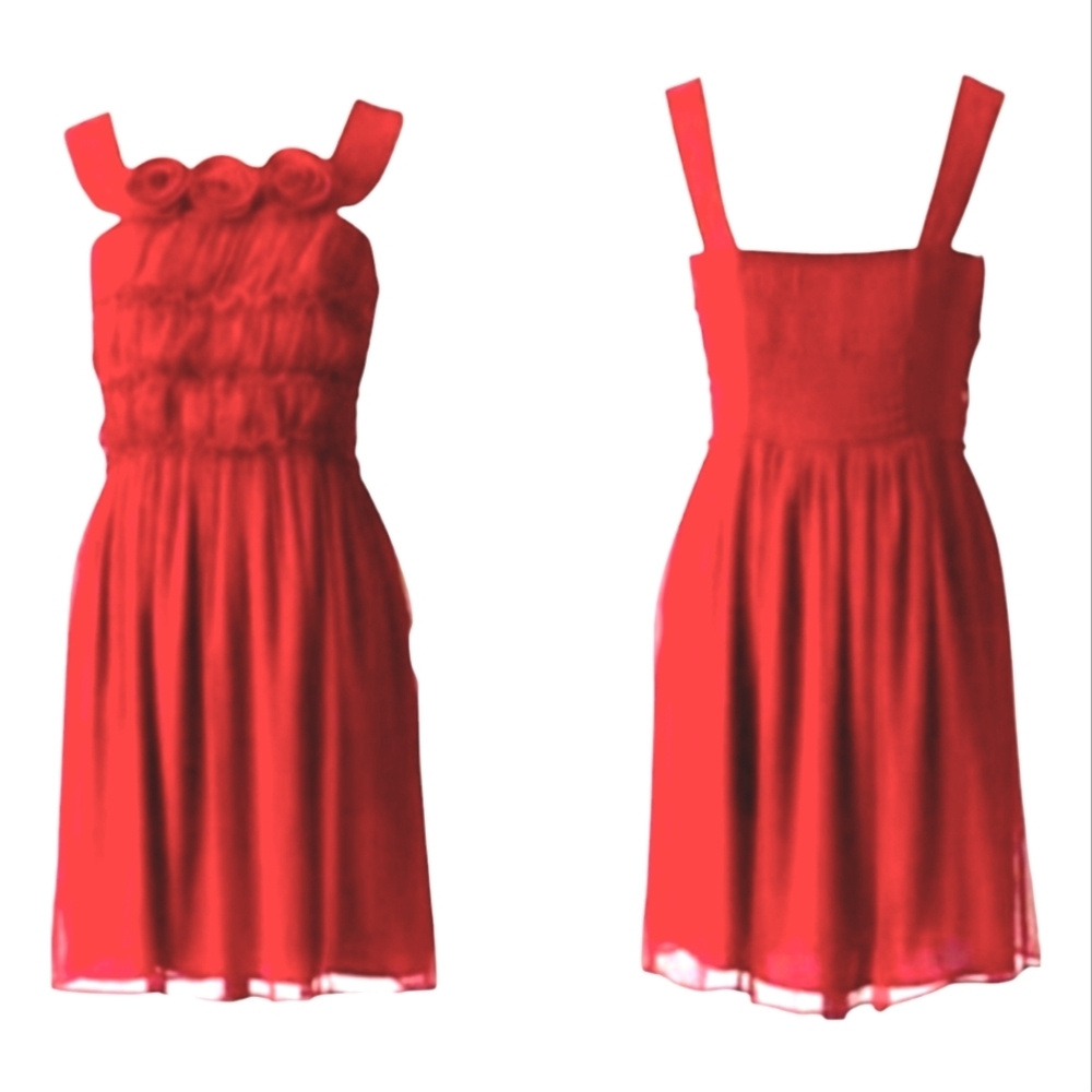 Anthropologie burlapp SILK Party Dress Red Rosette Neckline Wide Straps SM NWT